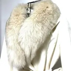 フォックスファー付ロングコート　生成り　トレンチコート　アンゴラ混　リアルファー