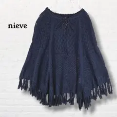 nieve☆かぎ編みニットポンチョ フリンジ付き ネイビー 透かし編み【38】紺