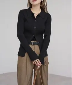 Bonjour Sagan 襟付きフレアスリーブリブニット