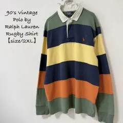 90s★Poloポロラルフローレン★ラガーシャツ★ボーダー★紺緑オレンジ★2XL