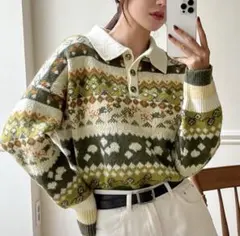 【DAZY】 幾何学柄ポロネックドロップショルダーセーター