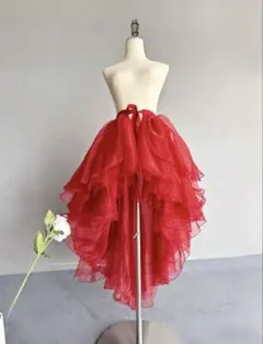 6層のシフォン巻きスカート・赤