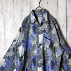 古着 総柄 デザインシャツ レーヨン テロ感 刺繍 ブルー ゆるダボ L-XL