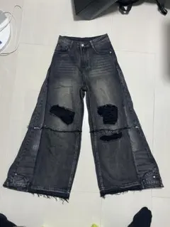 リメイク ダメージワイドフレアデニムパンツ ブラック y2k 平成 パンク 古着のサムネイル
