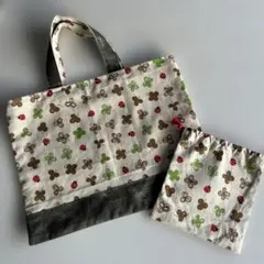 クローバー柄 手提げバッグと巾着袋セット