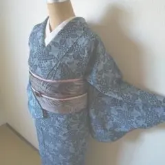 洗えるお着物・上質な縮緬小紋・くすみ紺系の濃淡・紫陽花柄・袷・元禄袖