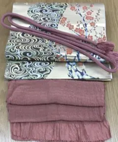 ワ11【13】◆本金箔　光琳の梅◆正絹◆六通柄袋帯・帯揚げ・帯締めセット◆