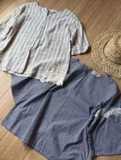 セット売り‼️破格‼️ ブラウス　半袖　ボーダー　チェック　ネイビー　春夏のサムネイル