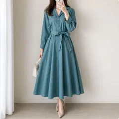 新品 組曲 シャツワンピース ロング リボン付 くすみブルー M 春夏