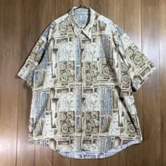 【超希少3L】90s ヴィンテージ 総柄シャツ 幾何学 抽象画 レトロ 古着 茶