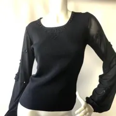 社交ダンス、黒いパールと￼ビーズ装飾の￼￼伸縮性￼トップお袖が可愛いです￼
