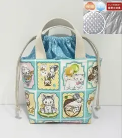 レトロにゃんこ ブル一系 保温保冷 ランチミニバッグ 巾着フ夕 猫 ネコ cat