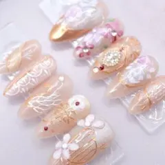 【52】ネイルチップSサイズ 花柄　白鳥アート パール ピンクベージュマグネット