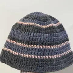 クロシェハット　バケットハット　ニットハット　ピンク　グレー　帽子　ボーダー