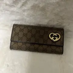 GUCCI グッチ　GGキャンパス柄長財布 ハートロゴ　ブラウン　値下げ交渉有り