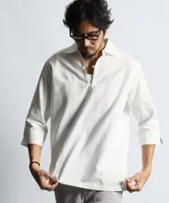 ホワイト L 綿麻素材 7分袖 スキッパーシャツ