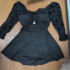 ブラック ワンピース水着 蝶柄シースルー袖のサムネイル