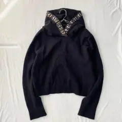 【ザラニット】ニットフード付き フーディ ビジュー付き 長袖 L