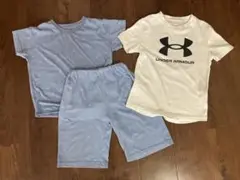 BEAMS mini 車柄水色パジャマ＆ UNDER ARMOUR 白Tシャツ