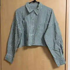 【INGNI】長袖シャツ　ショート丈　ストライプ　グリーン　ホワイト　M