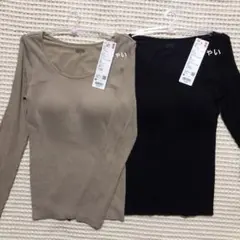 ユニクロ　極暖ヒートテックリブUネックブラTシャツ　ベージュ　ブラック