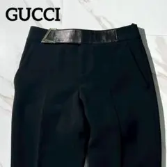 GUCCI グッチ　Gロゴレザーベルト付スラックス　パンツ　ブラック　36