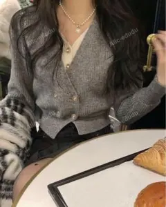 無地柄 ダブルブレストクロップ カーディガン グレー ニット SHEIN