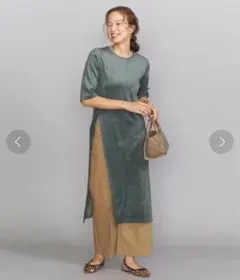 BEAUTY&YOUTH ベロア 5分袖Tシャツワンピース ウォッシャブル 緑