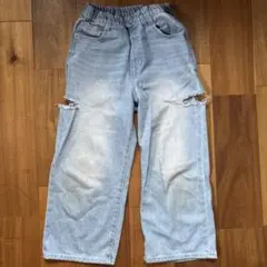 ライトブルー ダメージ加工 ワイドパンツ