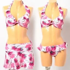 再値下げ！！美品☆フラワー柄スカート付ホルターワイヤービキニ3点セット♡ピンク