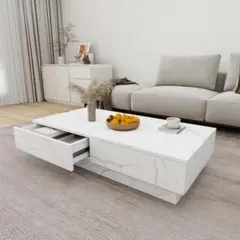 ローテーブル 大理石柄　センターテーブル 引き出し収納　120×55 ホワイト