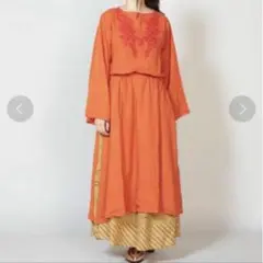 チャイハネ 花刺繍サイドスリットロングワンピース オレンジ アミナコレクション