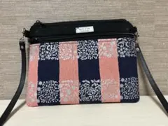 エチノ生地、格子柄サコッシュ ピンク ネイビー