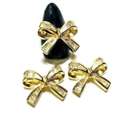 リボン ジュエリー ジルコニア ストーン ネイル パーツ アート ゴールド