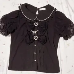 リズリサ ダブルリボンパフスリーブリブカットトップス ブラック