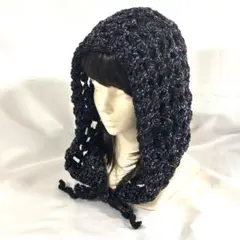黒ネオンカラー　かぎ針編み　フード帽　ボンネット　ハンドメイド