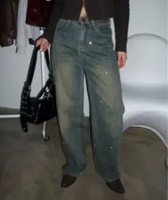 SHAGGIE オーロララインストーン付きヴィンテージルーズデニムパンツ