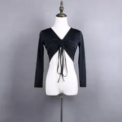 【新品】フロントシャーリングショート丈トップス 社交ダンス ラテン 長袖 黒 M