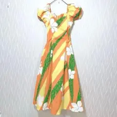 フラダンス ハワイアンワンピース パフスリーブ 花柄 オレンジのサムネイル