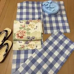 しじら織着物 単衣 浴衣 紺・黄土色格子 バチ衿 綿 - メルカリ
