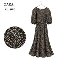 ザラ/ロングワンピース/小花柄/フラワープリント/パフスリーブ/XS/ブラック