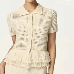ZARAフリンジ付きニットカーディガンS半袖 アイボリー