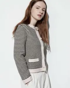 【新品】Mサイズ　ユニクロ　ニットショートジャケット　ネイビー　ボーダー