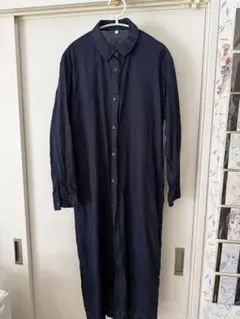 無印良品　リネン洗いざらし長袖シャツワンピース　婦人L・ダークネイビー