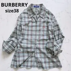 BURBERRY バーバリー　長袖ブラウス　M ノバチェック　水色　ホースロゴ