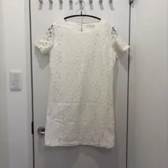 ホワイト レース 半袖 ひざ丈ワンピース