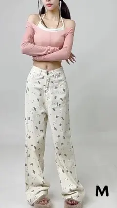 熊 ジーンズ デニム　パンツ ベアー柄デニム　韓国　ワイドデニム　ストレート　M