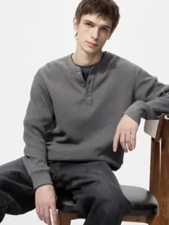 UNIQLO ワッフルヘンリーネックTシャツ　長袖　GRAY Mサイズ　新品