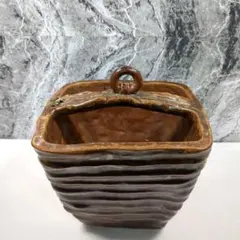 茶色 陶器製 花器 波状模様 水盤 メダカ鉢 作家物