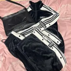 adidas ベルベットジャージ XS～Sブラックホワイト 手提げバッグ セット